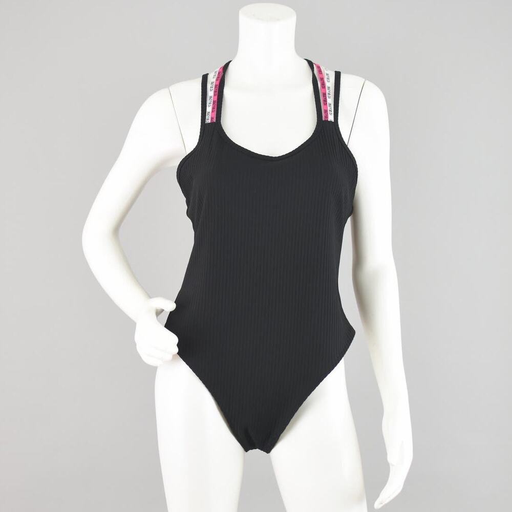 Victoria Secret Sport Black Ribbed Bodysuit with tong, Women's Large
